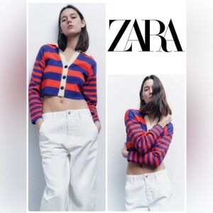 Zara blue red collar front buttons long sleeve knit sweater size small
